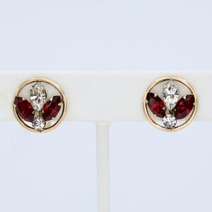 Vintage 12K GF Circle Flower Red & Crystal Rhinestone Screw Back Earrings 1950s